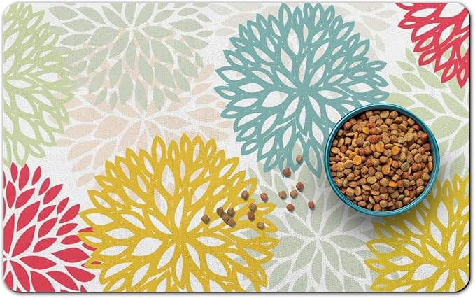 Dog Food Mats for Floors, Absorbent and Quick-Drying Pet Cat Food Mat,Anti-Fouling and Easy-to-Clean Pet Feeding Mat,Dog Bowl Mat for Messy Drinking Water Bowls.17x32, Bohemia Dahlia Floral Style