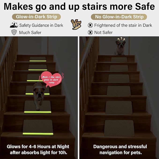 JoyBlooms Upgraded Dog Ramp for Stairs for Small & Senior Dogs Cats, 40D Density Foam Gentle 30° Slope Non-Slip Dog Stair Ramp with Glow Strip, Pet Ramp with Removable Washable Cover, Brown-3pcs