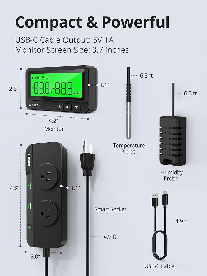 LUXBIRD WiFi Temperature Humidity Controller LTC-318-W with Monitor, App Control for Reptile Terrarium Greenhouse Grow Tent，2-Year Warranty (Black)