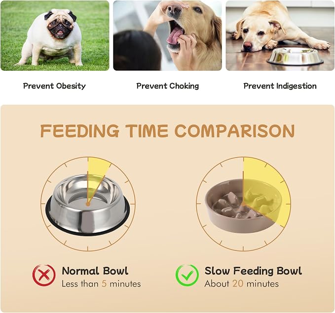 Havniva 6.1” Raised Slow Feeder Dog Bowls Set, 0.9 Cups Ceramic Slow Feeder Dog Bowl and 6.1” Dog Water Bowl with Elevated Wooden Stand Puzzle Dog Food Bowl for Small Dogs Anti-Gulping & Anti-Choking