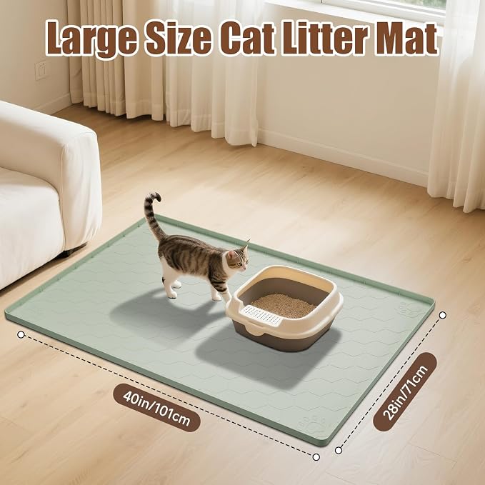 Cat Mat for Litter Box, 40" X 28" Large Silicone Cat Litter Trapping Mat, Waterproof Cat Litter Mat, Soft on Kitty Paws, Urine-Proof, Non-Slip Kitty Scratch Pad for Floor(Green)