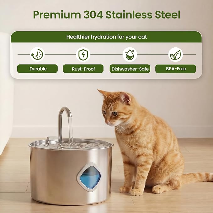 Stainless Steel Cat Water Fountain 108oz/3.2L, Pet Drinking Fountain with 3 Filters & Quiet Water Pump, Automatic Water Dispenser for Cats Indoor, Water Level Window, Easy to Clean