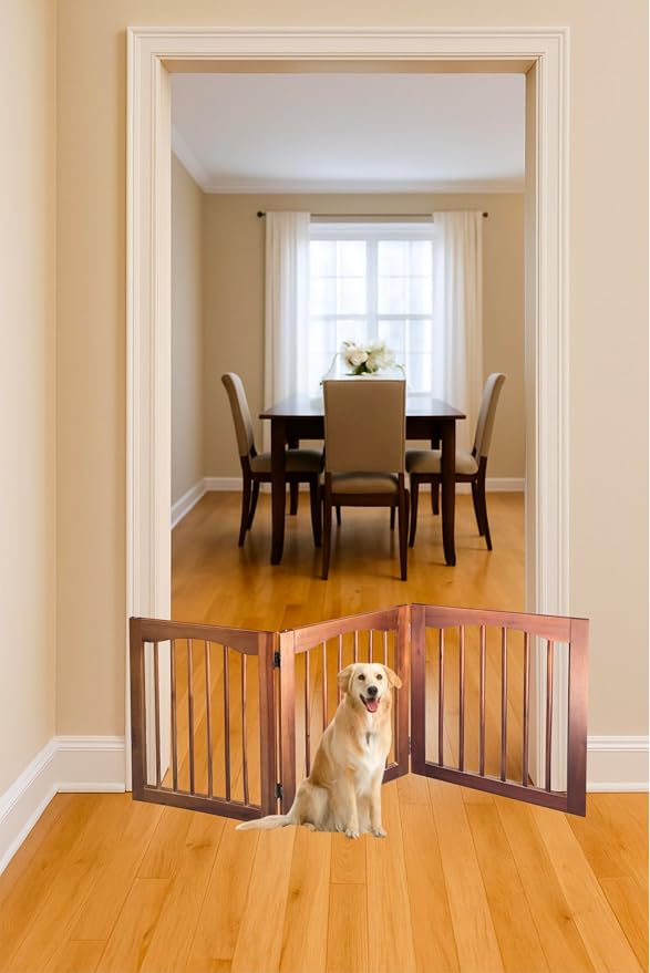 Tabago 3-Panel Foldable Freestanding Wooden Pet Gate 24"x20" – Expands up to 60", White & Natural Dog Gate for Small Pets, Stylish Indoor Barrier for Doorways & Hallways