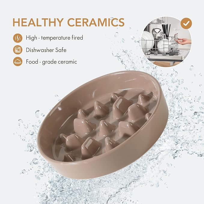 Havniva 8.2” Raised Slow Feeder Dog Bowls Set, 1.6 Cups Ceramic Slow Feeder Dog Bowl and 7.3” Dog Water Bowl with Elevated Wooden Stand Puzzle Dog Food Bowl for Medium Dogs Anti-Gulping & Anti-Choking