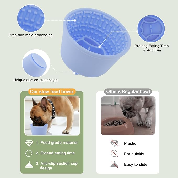 Slow Feeder Dog Bowls, Silicone Dog Lick Bowl with Brush & Scraper, Non-Slip Base Slow Feeder for Anxiety Alleviating & Oral Health, Sky Blue