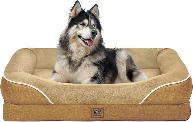 Chez Paw XXL Orthopedic Dog Bed for Extra Large Dogs, Extra Thick Egg-Crate Foam Waterproof Pet Couch with Removable Washable Cover, 4-Sided Bolster & Non-Slip Bottom, Brown 45"x35"x7.5"
