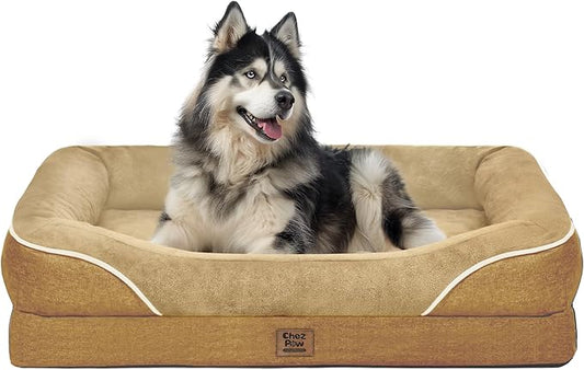 Chez Paw XXL Orthopedic Dog Bed for Extra Large Dogs, Extra Thick Egg-Crate Foam Waterproof Pet Couch with Removable Washable Cover, 4-Sided Bolster & Non-Slip Bottom, Brown 45"x35"x7.5"