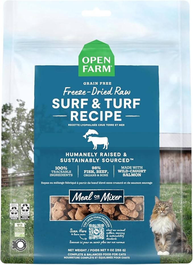 Open Farm, Freeze Dried Raw Cat Food, Complete Meal Morsels or Cat Treats with 92% Meat, Organs & Bone, Surf & Turf Recipe, 9oz Bag