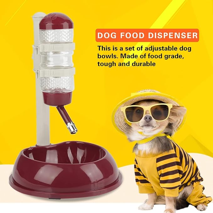 Adjustable No Drip Pet Water Dispenser, Portable Dog & Cat Water Bottle Stand with 500ml Bottle Food Bowl Leak Proof Stainless Steel Ball Dispenser for Travel Camping Indoor Use (Brown)