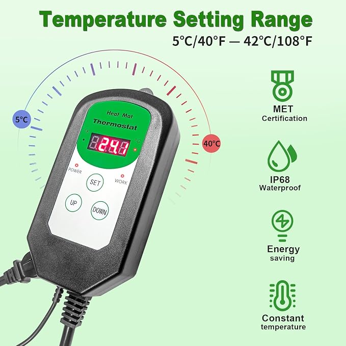 Bestio10"x 20.75" Seedling Heat Mat and Digital Thermostat Combo Set,MET & UL Certified Plant Heat Mat Heat mat for Plants for Germination,Suitable for Indoor Gardening,Greenhouse, Plants Germination