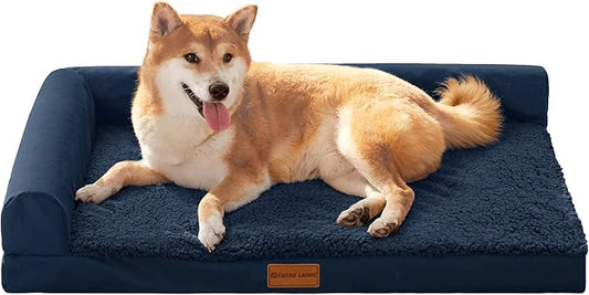 Patas Lague Orthopedic Dog Bed Large Sized Dog 36''X24'', Waterproof L Bolster Medium Pet Sofa Beds with Removable Washable Cover, Soft Pet Couch Crate Mat with Nonskid Bottom, Navy Blue