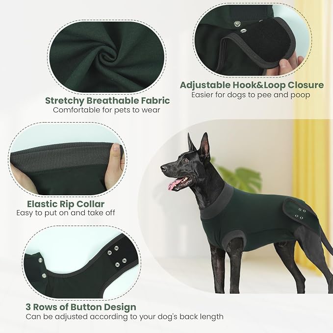 IDOMIK Dog Recovery Suit - Female Spay & Male Neuter Post Surgery Onesie, Anti-Licking Abdominal Wound Bandage & E-Collar Cone Alternative