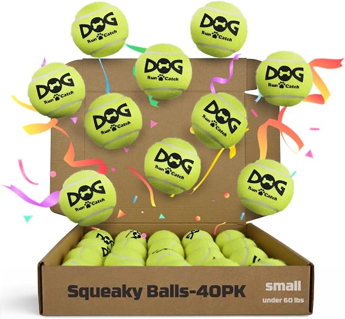 INSUM 40 Pack Small Tennis Balls for Dogs - 2 Inch Squeaky Dog Balls Toys with Mesh Bag, SGS Certified, Durable Non-Toxic, Built in Squeaker, Small Breeds