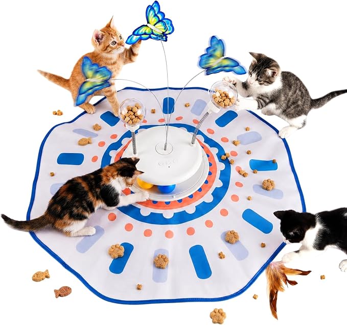 MOHAYA Interactive Cat Toy 5-in-1, Smart Automatic Cat Toys for Bored Indoor Cats, Motion & Sound Activated Toy with Fluttering Butterfly, Moving Feather, Track Balls & Slow Feeder Treat Dispenser
