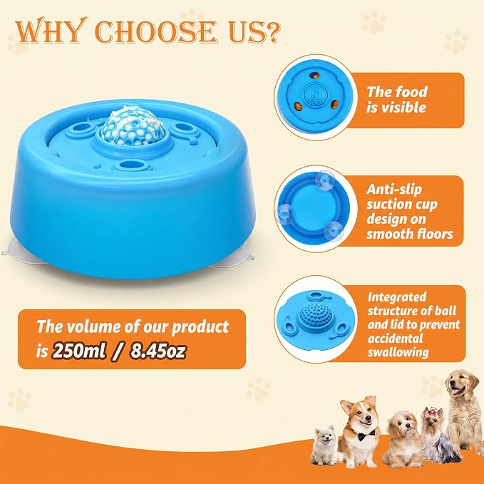 Slow Feeder Dog Bowls, Dog Lick Bowl with Built-in Rolling Ball for Wet Food, Bone Broth & Yogurt, Non-Slip Base, Interactive Enrichment Toy for Safe & Fun Feeding (Blue)
