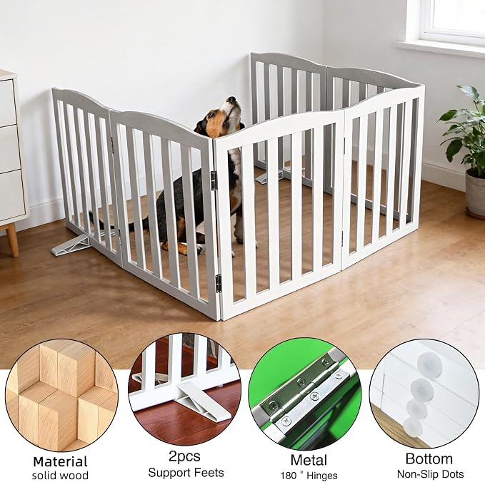 ZJSF Foldable Freestanding Indoor Dog Gate for House Wood White Long Pet Gates Dog Fence for Stairs Puppy Gates for Hallways,Pet Fence, Puppy Gate,Support Feet Included 32 "Height-6 Panels