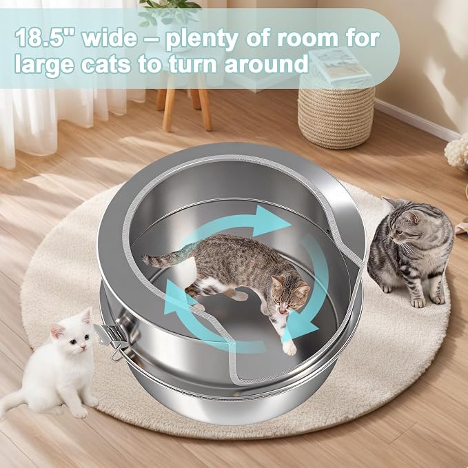 High Sided Low Entry Stainless Steel Round Cat Litter Box, Large Corner Litter Box for Big/Multi Cats,Metal Litter Box Includes Scoop & Filter Pedal,Odor Control，Easy to Clean