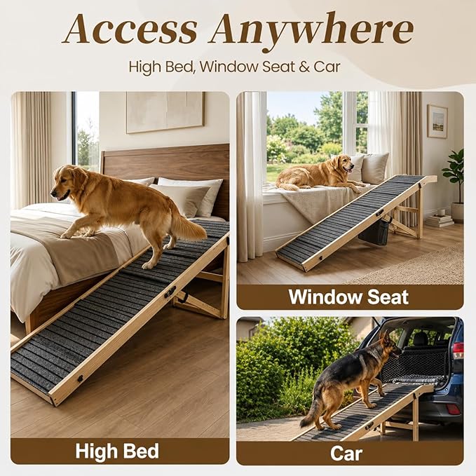 Extra Large Dog Ramp 63‘’L for High Bed, Couch & SUV – 200 Lb Heavy Duty Solid Wood Pet Ramp, 6 Adjustable Height – Portable Stable Non-Slip Steps for Medium to XL Dogs