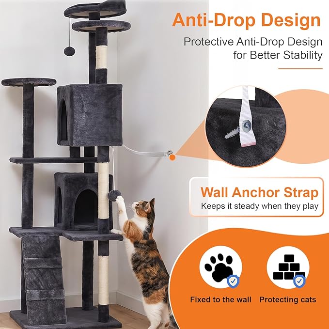 FDW | 70" Cat Tree Tower | Dark Gray | Multi-Level Indoor Activity Center with Sisal Scratching Posts, Condos, Plush Perches, Hanging Cat Toys | Sturdy, Easy to Assemble | for Kittens & Adult Cats