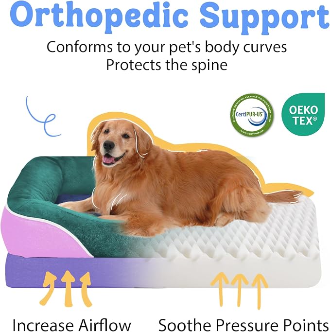 Chez Paw Large Orthopedic Dog Bed for Extra Large Dogs, Waterproof XL Egg-Crate Foam Dog Bed with Removable Washable Cover & Non-Slip Bottom, 4-Sided Bolster Support, Sage Lavender 42"x30"x7.5"