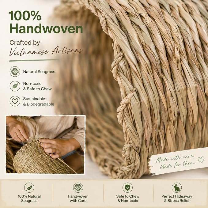 PEMAR Natural Seagrass Bunny Tunnel - Handwoven Rabbit Hideaway & Edible Grass House - Safe Chew Toy, Bed for Guinea Pigs, Chinchillas, Rats & Indoor Bunnies - Small Animal Enrichment (9x8.3x6.3”)