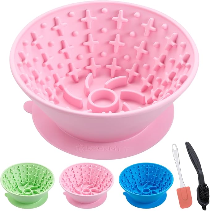 Dog Lick Bowl – Silicone Lick Mat for Dogs,Freezer-Safe, Slow Feeder, Non-Slip Base, Includes Brush & Scraper, Large Opening for Anxiety Relief & Oral Health, Ideal for Frozen Treats (Pink)-Large