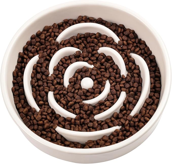 White Ceramic Dog Bowl Slow Feeder for Medium and Large Breed,1.5 Cup 8.26 in Slow Feeding Bowl,Puzzle Dog Food Bowl for Fast Eater,Maze Dish for Fast Eater