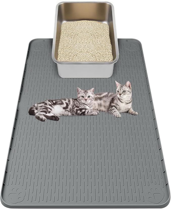 Kalolary Cat Litter Box Mats, Large 34" x 22" Silicone Cat Mat, Easy to Clean Kitty Litter Trapping Mat, Soft on Kitty Paws, Waterproof, Urine-Proof Kittys Litter Mats for Floor, Dark Grey