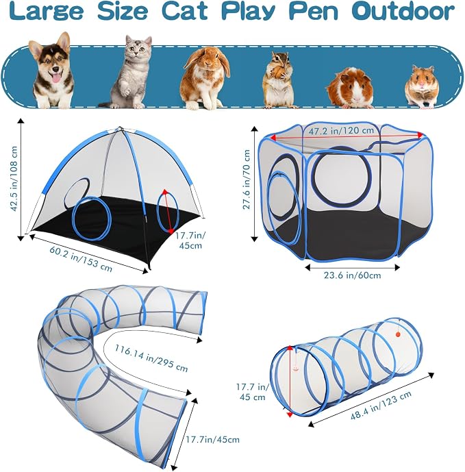 Outdoor Cat Enclosure, 5-in-1 Cat Tent Outdoor Pet Playpen with Tunnel, Portable Catio Play Pen for Outside and Indoor cat Enclosure with Storage Bag for Kitty and Small Animals