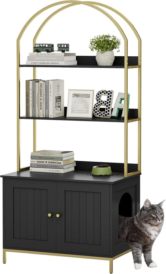Homhedy Cat Litter Box Enclosure, Litter Box Furniture Hidden with 2-Tier Storage Shelves, Wooden Cat Washroom Furniture with Metal Frame, Modern Style, Black and Gold