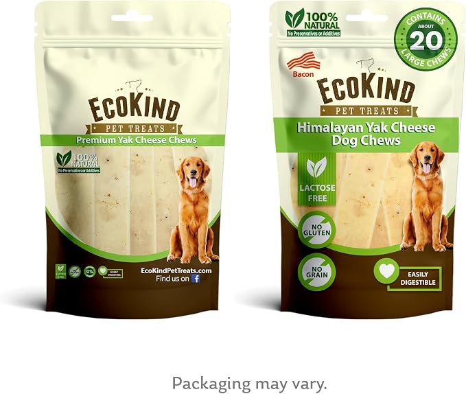 EcoKind Yak Cheese Himalayan Dog Chews, Yak Chews for Large Dogs, Long Lasting Bone for Aggressive Chewers, Only 4 Ingredients, Natural High Protein Dog Treats, No Additives, Bacon, Large - 18+ Chews