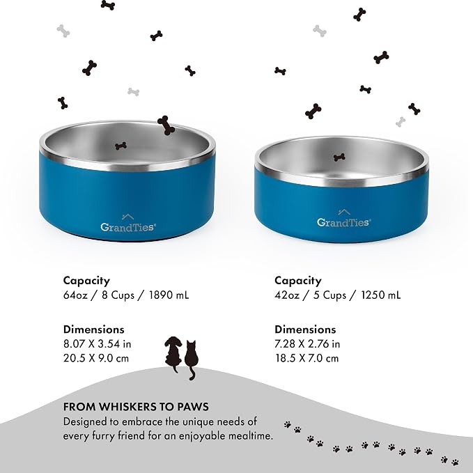 GrandTies Stainless Steel Dog Bowl | Engraved Reusable BPA-Free Insulated Cat & Dog Bowls | Large Heavy Duty Non Skid Spill Proof Bowl | Outdoor Dog Water Bowl (42oz, Cobalt Blue)
