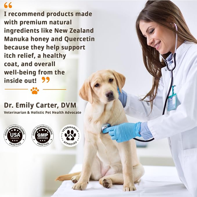 Manuka Honey for Dogs - Allergy & Itch Relief Chews - Skin Comfort & Coat Health - with Quercetin,Krill Oil,Colostrum &Probiotics - Stop Paw Licking, Soothe Itchy Ears & Yeast Balance - 150 Soft Chews