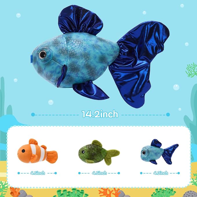 Muiteiur 4-in-1 Fish Family Stuffed Animal Set, 16" Soft Mommy Plush Fish with 3 Small Baby Sea Creatures, Ocean Themed Toys for Kids, Nautical Nursery Decor & Birthday Gift for Boys Girls Ages 3+