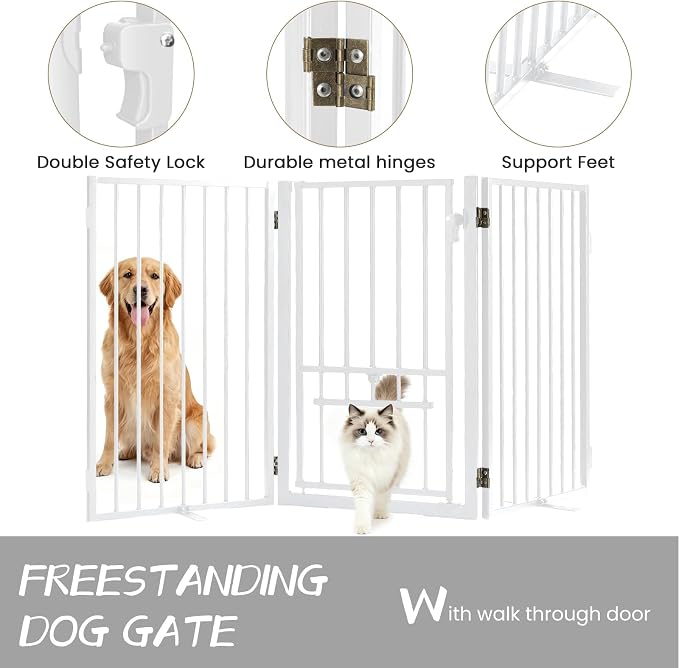 Full Metal Freestanding Dog Gate with Cat Door for Outdoor & Indoor,34" Tall Foldable Pet Fence,60" Extra Wide Free Standing Dog Gate for RV Camping,Stairs,Hallways,Doorways,Deck,Yard (3 Panels,White)