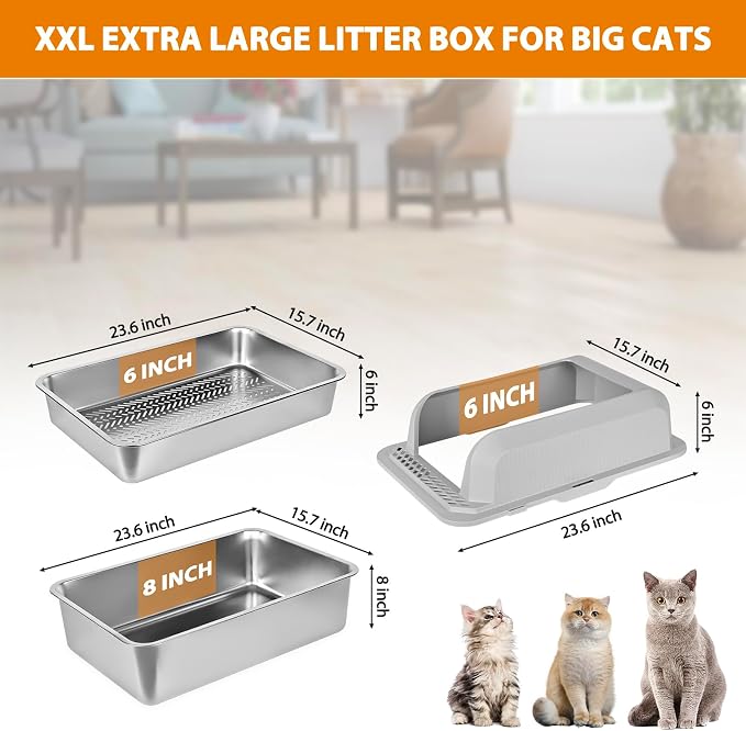 Homegroove Stainless Steel Sifting Litter Box for Pine Pellets, 23.6''x15.7''x14'' XXL Metal Cat Litter Box with Lid for Indoor Cats Pellet Sifter Litter Pan with Plastic Scoop &10 Urine Pads (8 Inch)