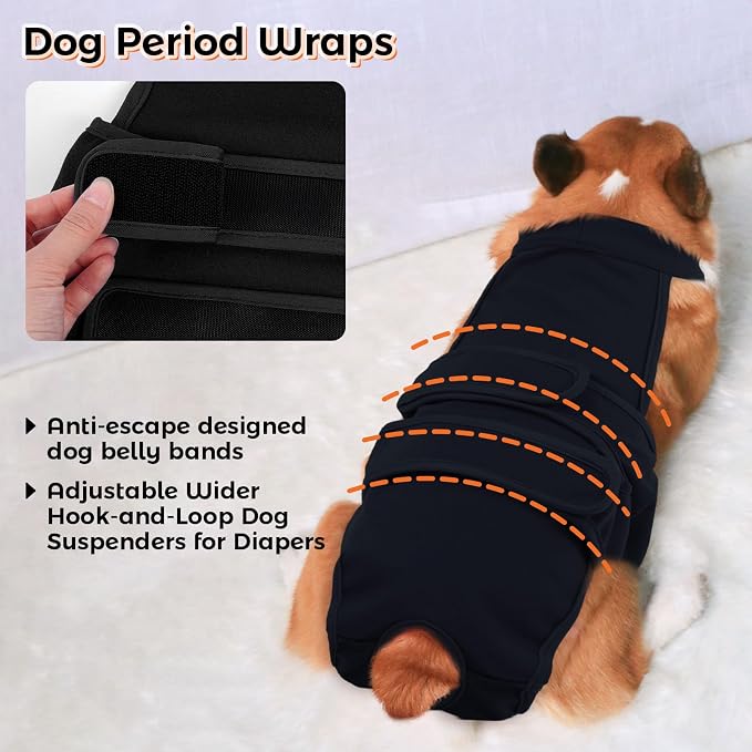 QBLEEV Female Dog Diapers with Adjustable Suspenders – Washable Sanitary Panties for Dogs in Heat or Incontinence, Escape-Proof Reusable Pet Period Underwear Onesie for Small to Large Breeds