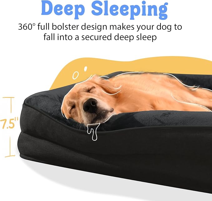Chez Paw XXL Orthopedic Dog Bed for Extra Large Dogs, Extra Thick Egg-Crate Foam Waterproof Pet Couch with Removable Washable Cover, 4-Sided Bolster & Non-Slip Bottom, Black 45"x35"x7.5"