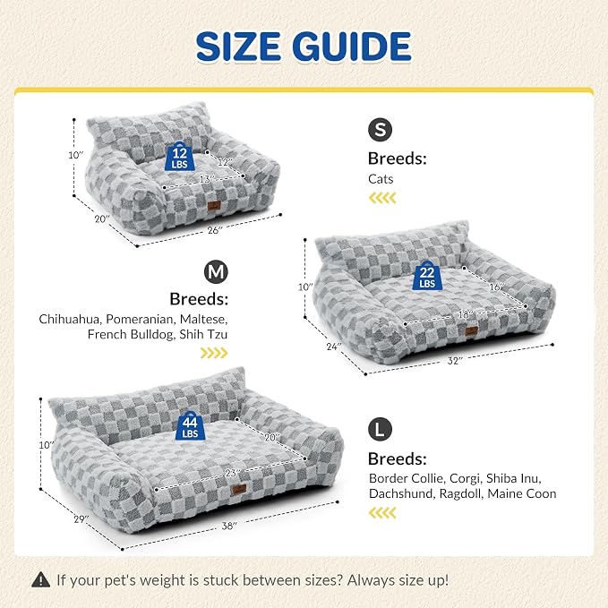 ABCPET Large Dog Bed Sofa, Fluffy Pet Bed for Medium and Large Dogs, Supportive Dog Couch Sofa for Dogs, Pet Sofas with Washable Cover & Non-Slip, 38 inch, Grey