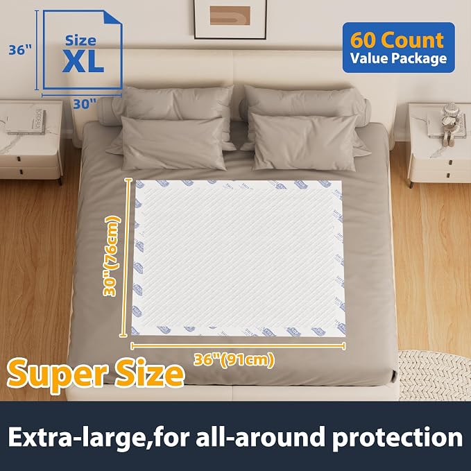 Tear Resistant Disposable Bed Pads 30"x36" (60 Count),XL Large Thicken Incontinence Adults Elderly Chucks Pads,Heavy Duty Absorbent Underpads,10X Super Absorbency Puppy Pee Pads