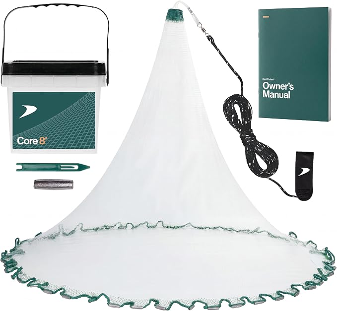American Pro Cast Net - 4ft/6ft/8ft/10ft/12ft - 3/8" Mesh - Real Lead 1-lbs/ft Double Line - 2024 Upgraded & Optimized - Old Salt Premium Cast Nets for Fishing - E-Book & Utility Box Included