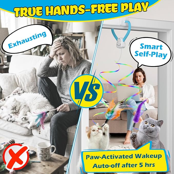 Smart Automatic Door Hanging Cat Toy for Indoor Cats - Electric Interactive Feather Wand, Mouse & Worm Set, 360° Rotating, Type-C Rechargeable, Quiet Self Play Enrichment for Bored Kittens