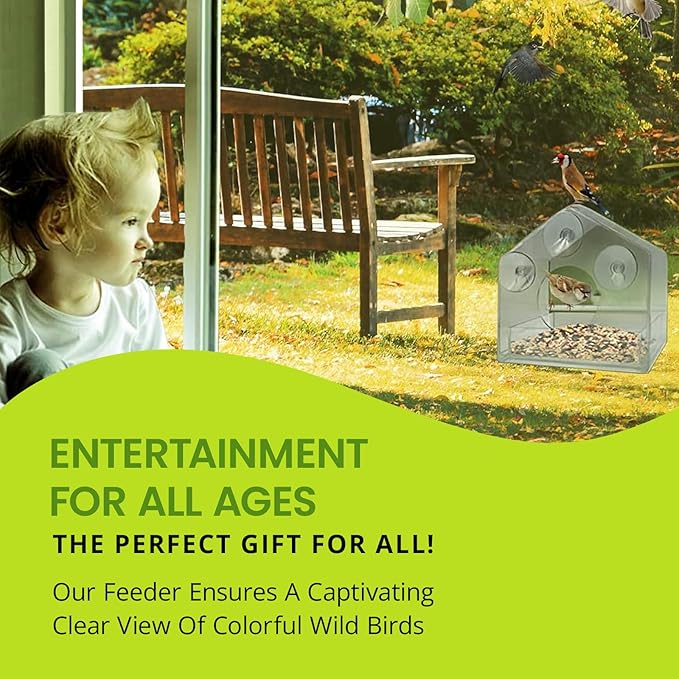 Nature Gear Window Bird Feeder with Strong Suction Cups, Clear Acrylic Window Mounted Bird Feeder, Removable Sliding Tray, Weather-Resistant, Durable, Squirrel-Resistant, House Style