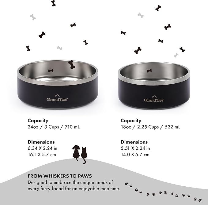 GrandTies Stainless Steel Engraved Pet Bowl | Reusable BPA-Free Insulated Pet Bowls | Large Heavy Duty Non Skid Spill Proof Dog Bowl | Outdoor Dog Water Bowl (24oz, Midnight Black)