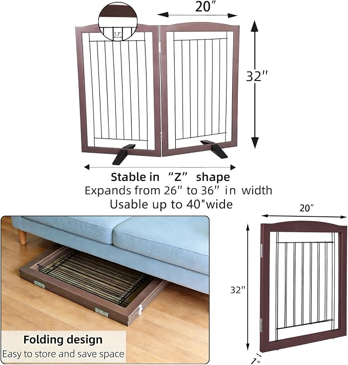 ZJSF Freestanding Dog Fence Indoor, Foldable Dog Gate for Doorways, Stairs or Hallways, Sturdy Wood Extra Wide Pet Gate with Support Feet for The House, Brown, 32 "Height-2 Panels