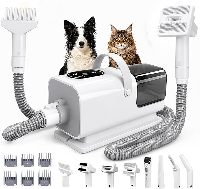 8-in-1 Dog Vacuum & Dryer Grooming Kit with Clipper, 3-Level Adjustable Speed & Temp,12000Pa Dog Vacuum for Shedding Grooming, 2.2L Dust Cup, 4.9ft Hose