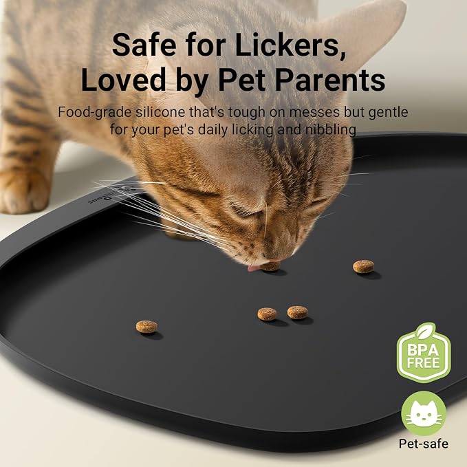 DownyPaws Cat Food Mats for Floors Waterproof, BPA Free Silicone Pet Feeding Mat, Non-Slip Pet Food Mat with High Raised Edge, Cat Placemat for Messy Drinkers, 18"×12.5", Black