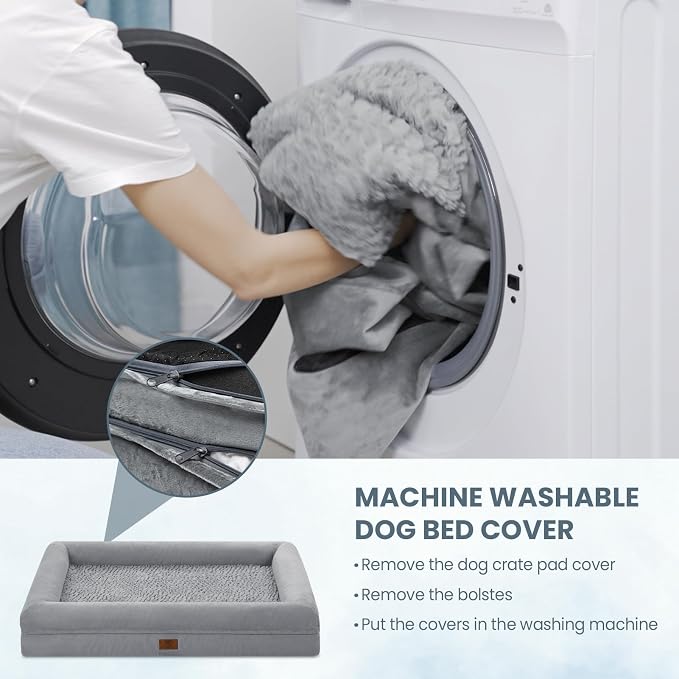 Large Dog Bed Orthopedic for Large Sized Dogs, Waterproof Dog Bed with Removable Washable Cover, Egg Crate Foam Pet Couch Sofa with Non-Slip Bottom, Grey