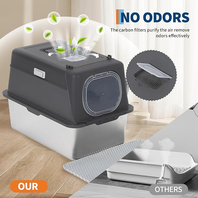 Stainless Steel Cat Litter Box with Lid, Extra Large Covered Metal Litter Box for Big Cats, Removable&Enclosed Design,Non-Stick&Odor-Resistant, Easy Clean, with Scoop&Litter Collecting Mat,Dark Grey