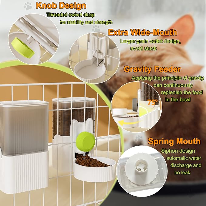 Lemtrflo Rabbit Feeder for Cage,Hanging Automatic Cat Feeder and Water Dispenser,Ferret Cage Accessories,Food Water Bowl for Cats Rabbit Guinea Pig Cages(Cage Grid Spacing Over 1.2'')